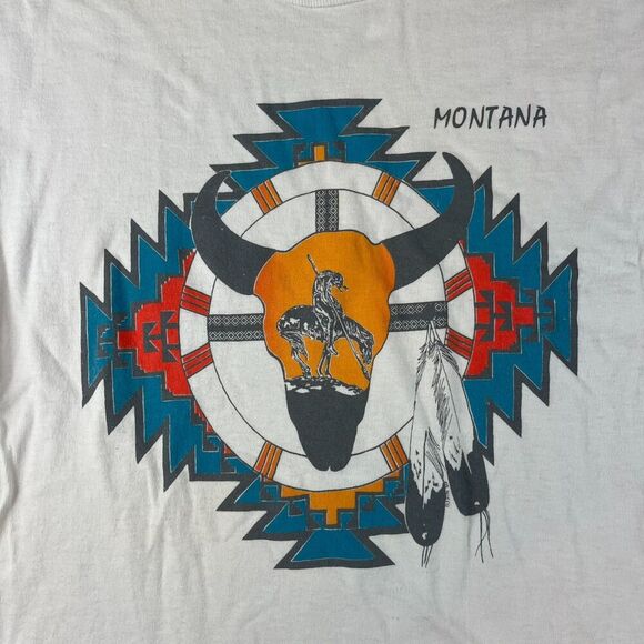 Vtg Fruit Of The Loom Montana Aztec Southwestern T-Shirt Single Stitch Bull L - Picture 2 of 10